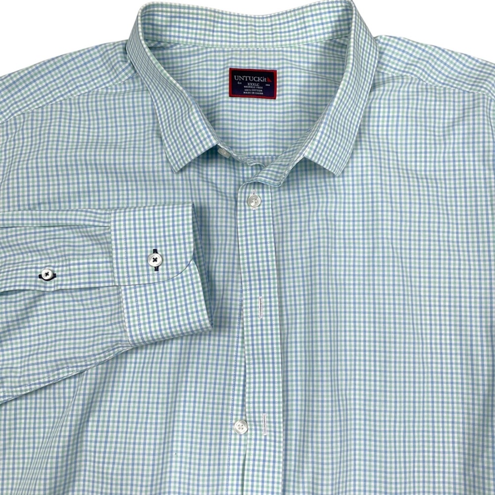 UNTUCKit Shirt Mens 3XLC Blue Green Gingham Check Preppy Pastel Casual Cotton